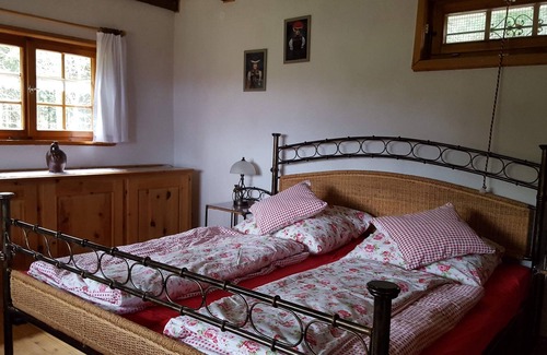 Muehlenbach Apartment | Blockhaus mit einem Schlafraum, gemütlichem Wohnzimmer, großer Terrasse und Liegewiese, Grillplatz und Garage
