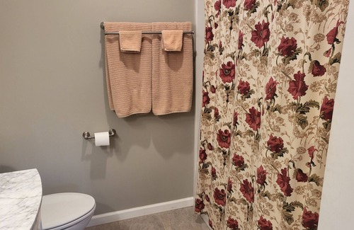 Bear Creek House | Charming bedroom and bath with private entrance and screened porch .
