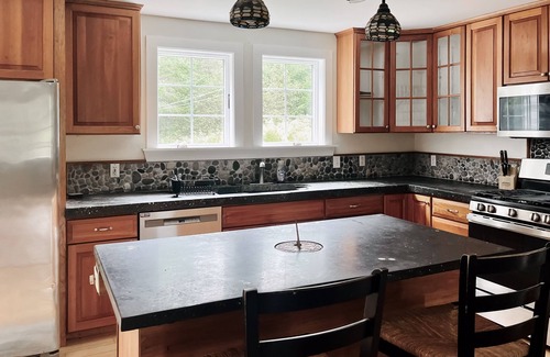 Martinsville House | Coastal home near ocean with firepit, grill, lawn, deck