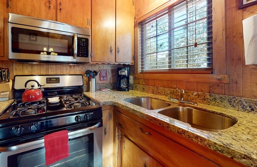 Cedarpines Park Cabin | Comforting dog-friendly mountain view cabin with gas fireplace, deck, & patio
