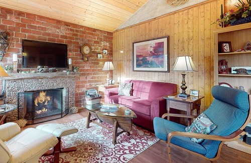 Cedarpines Park Cabin | Comforting dog-friendly mountain view cabin with gas fireplace, deck, & patio