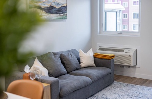 North Central Edmonton Apartment | Cozy | 1BR King Bed | Heated UG Parking | AC | Wifi | Gym | Balcony