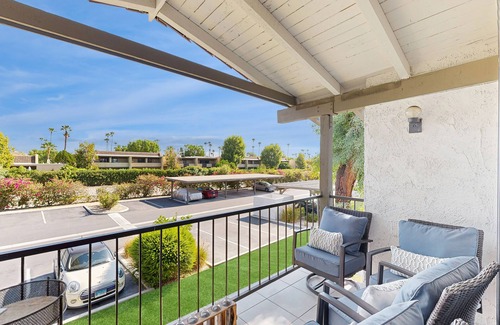 Baristo Condo | Dive into Palm Springs fun with a stylish home base featuring poolside lounging.