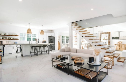 Montauk House | Eclectic-style home with private pool, fitness studio, open-floor plan,.
