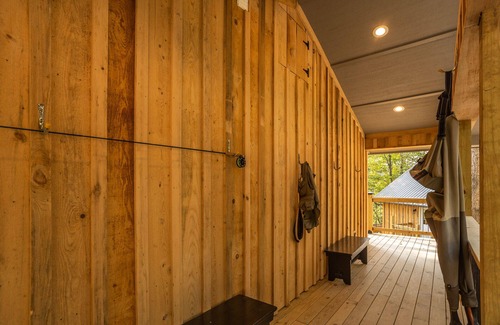 Bristol Cabin | Enjoy Mtn/River Views from Osprey Cabin, porch fireplace, 500ft river frontage