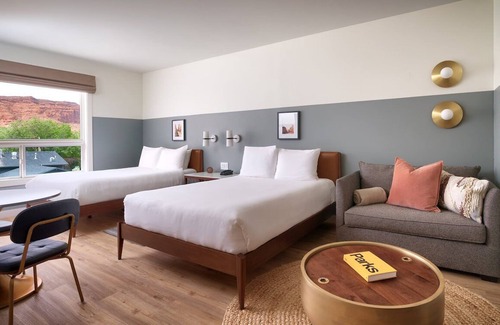 Moab Hotel | Gnarnia | Two Queen + Sofa Bed at Gravity Haus Moab, Pool, Pets Are Allowed