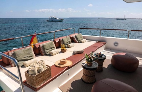 La Savina Boat Rental | Goldfinger - Floating Home', a luxury catamaran yacht on the island of Formentera