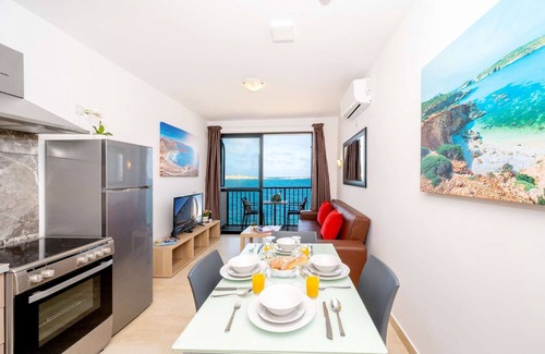 Qawra Apartment | Islet Promenade Seafront 1 Bedroom Apartment with 2 seaview balconies