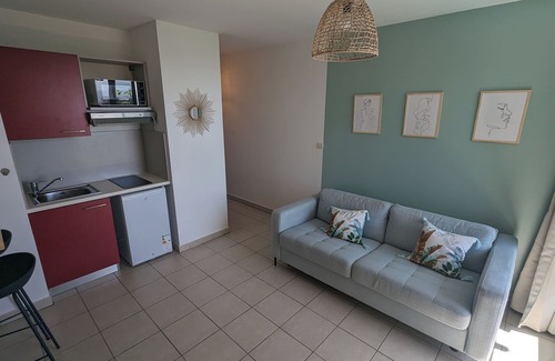 Sainte-Clotilde Centre Apartment | "L'endormi", air-conditioned T1, pool and sea view, near airport