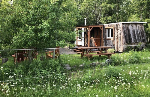 Saint-Onesime-d'Ixworth Cabin | La Cabane aux Chevaux Rustic chalet with view of the horses