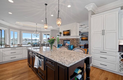 Mayhew House | Lake Norman Retreat with breathtaking water view, sand beach and private dock
