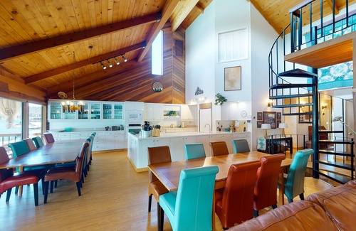Bass Lake House | Lakefront home w/recreation room, hot tub, central AC, WiFi, private dock, & W/D