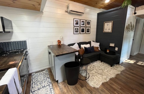 Mills River Cabin | Lakeview tiny home with a loft, full kitchen, furnished deck, & firepit