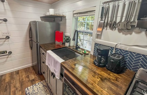 Mills River Cabin | Lakeview tiny home with a loft, full kitchen, furnished deck, & firepit