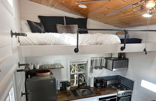 Mills River Cabin | Lakeview tiny home with a loft, full kitchen, furnished deck, & firepit
