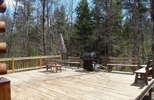 Fryeburg Cabin | Log Cabin on Spacious Lakeside Woodlands, with Private Beach and Waterfront.