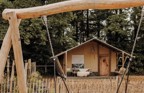 Lieren House | Luxury glamping in the Veluwe: Safaritent for 6 guests with private bathroom, full kitchen, made-up beds & playground view veranda.
