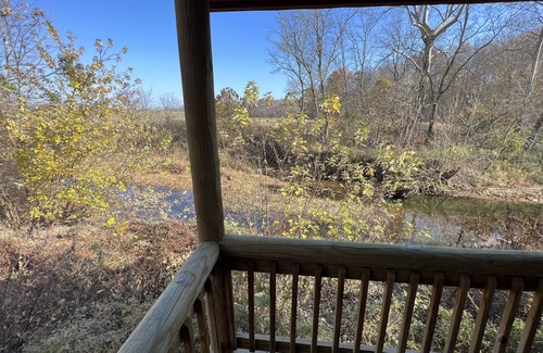 Hallsville Cabin | Quiet Cabin on Walnut Creek, Covered Deck, Hot Tub, Swimming Hole, Shelter House