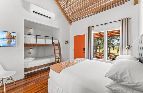 Comfort Cabin | Room with One Queen and Two Twin Beds, Private Patio with Creek View