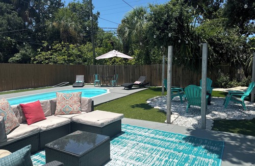 Seminole House | Sweet retreat, with private pool, patio, bbq, corn hole boards and fire pit.