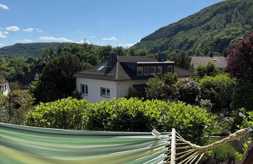 Neckarsteinach Apartment | Three-castle view in an apartment with a covered terrace and castle view