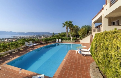 Katsikia Villa | Villa Irida, stunning view of the Mirabello bay and the town of Agios Nikolaos