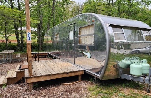 Mill Spring House | Vintage camper on the creek, short walk to pool and playground, deck, gas grill, sleeps 2.