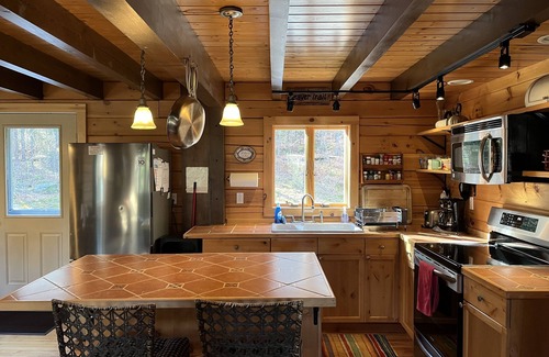 West Dover Cabin | Waterfalls-View-Pond. Secluded Vermont Log Cabin at Mount Snow. EV Outlet