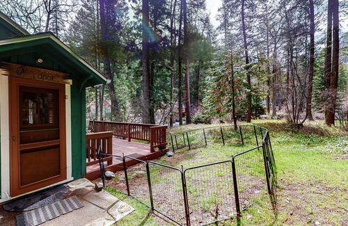 Wallowa County Cabin | Woodsy riverfront basecamp with fireplace, large deck & firepit - dogs welcome