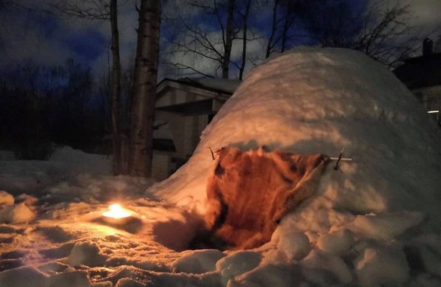 Authentic Wooden House with a Real Snow Igloo