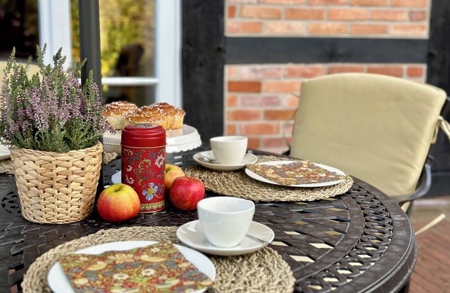 Holidays in the old vicarage in the Lüneburg Heathnstylishnfireplacenterrace