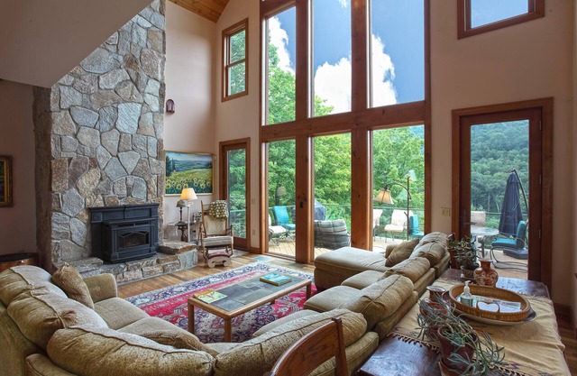 Mountain view home with expansive deck, pellet stove, hot tub and outdoor shower