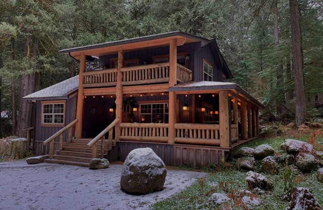 Summer availCozy, luxury cabin on 2 creeks, wood burning fireplace, log gazebo.