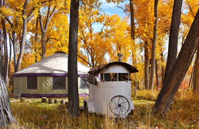 The Grove Yurt is on the North Fork River with outdoor kitchen 2 miles to Paonia