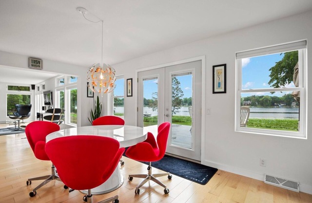 The views are amazing inside and out. Modern lake house with a double lot.