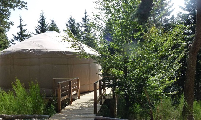 Saint-Bonnet-le-Froid Cabin | 1 contemporary comfortable yurt located in a wood terrace with a view.