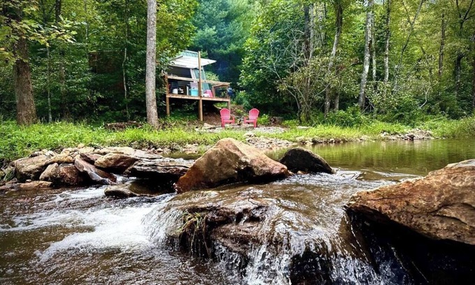 Purlear RV Rental | A-Frame in nature, Swinging wall, WIFI, Hot Shower