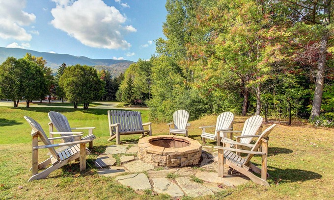 Warren Condo | Bright, mountain escape with pool, hot tub, fireplace, modern kitchen & balcony