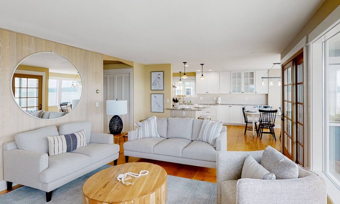 Rollingbay House | Charming oceanfront home with firepit, deck, beach access, deck, & W/D