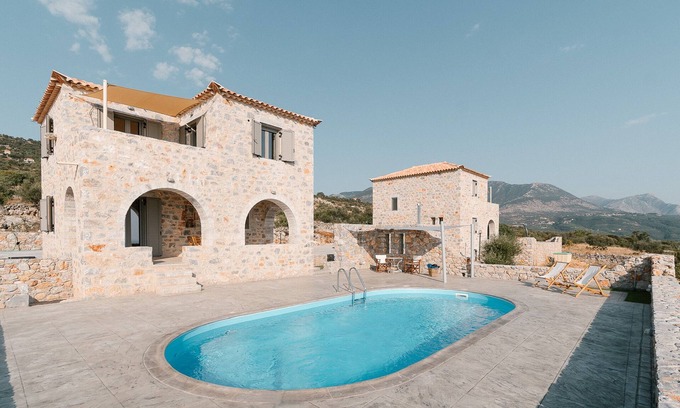 Lefktron Villa | Dione Villa 2: private pool - amazing sea view - traditional minimal stone villa