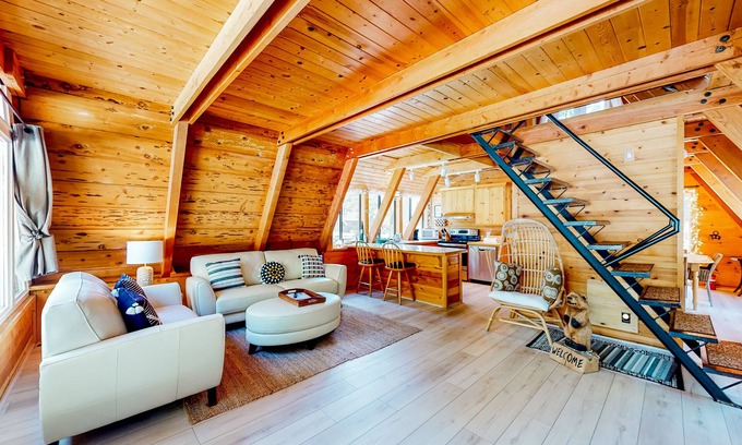 Tahoe Pines House | Dog-friendly A-frame cabin with 2 decks & fireplace - walk to the beach
