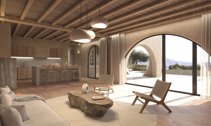 Trachilos Villa | Eco Sanctuary: 3-Bed Villa, Garden Teracce, Infinity Pool, Aegean Sea View