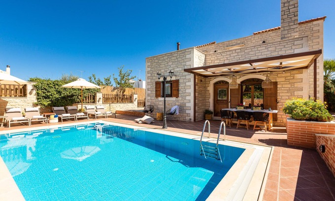 Atsipopoulo Villa | Family villa Myrtia with heated pool, 2 minutes walking to local amenities