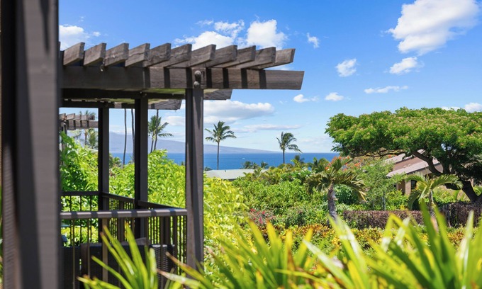 Kihei Condo | Hidden Gem: 1BD/2BA with Ocean Views Visible Through Lush Tropical Surroundings