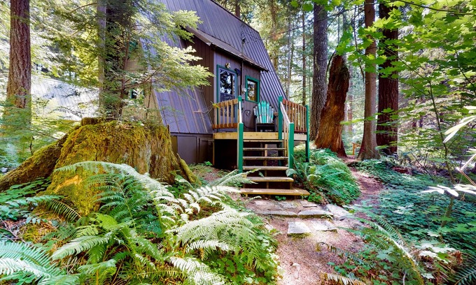 Rhododendron Cabin | Hilda’s Briarwood Escape | A-frame in Rhododendron with fireplaces & forest view
