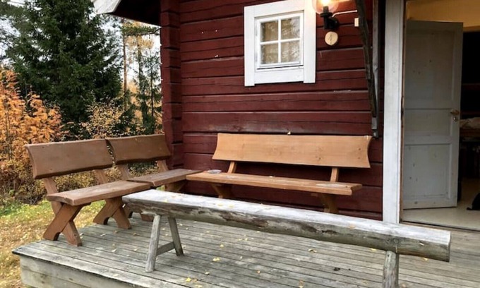 Ramsjo Cabin | Log cabin. Ramsjö Camping . Ångevägen 24. Timber log nearby river stream