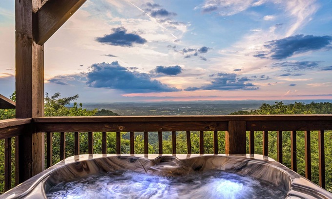Sevierville Cabin | Long range sunset views from Hot Tub, free attractions, Resort pool,