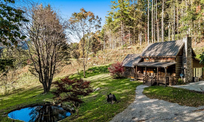 Canton Cabin | Lovely forest retreat with fireplace, full kitchen, front porch, and pond views