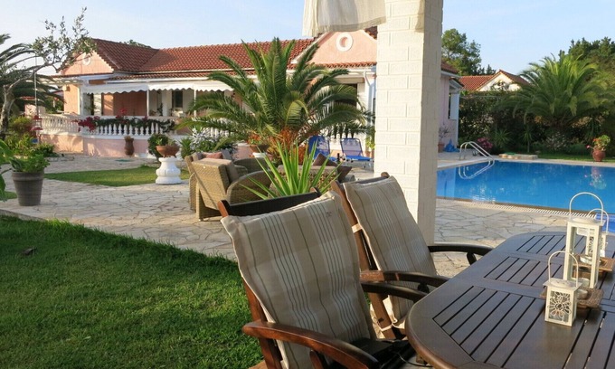 Dafnata Villa | Lovely Villa With Great Pool & Gardens, Sea Views And 800 M To Great Sandy Beach