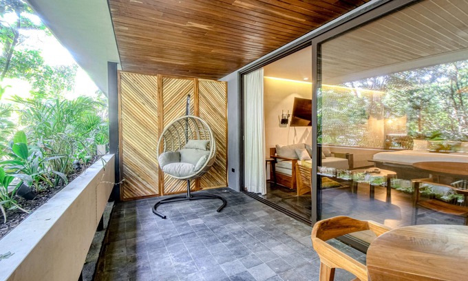 Zama Apartment | Modern second floor studio with pool, partial AC, and balcony